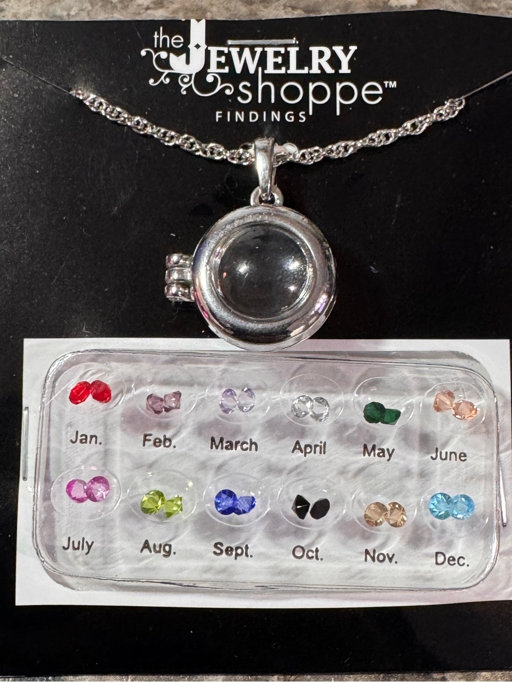 Glass Magnifying Locket Necklace with 12 Interchangeable Rhinestone Birthstones